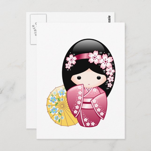 Cartão Postal Primavera Kokeshi Doll - Garota Geisha Japonesa (Frente/Verso)