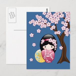 Cartão Postal Primavera Kokeshi Doll - Geisha Japonês sente a su