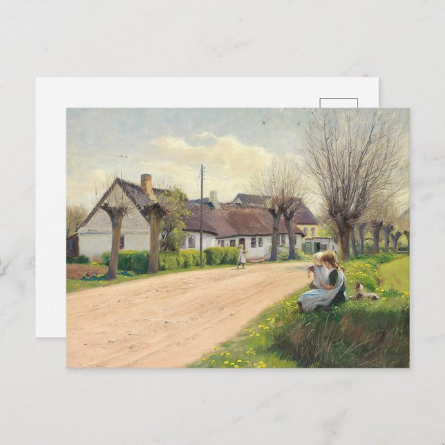 Cartão Postal Primavera na vila com garotas na estrada (Frente/Verso)