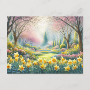 Cartão Postal Primavera no Parque com Narcisos em Flor