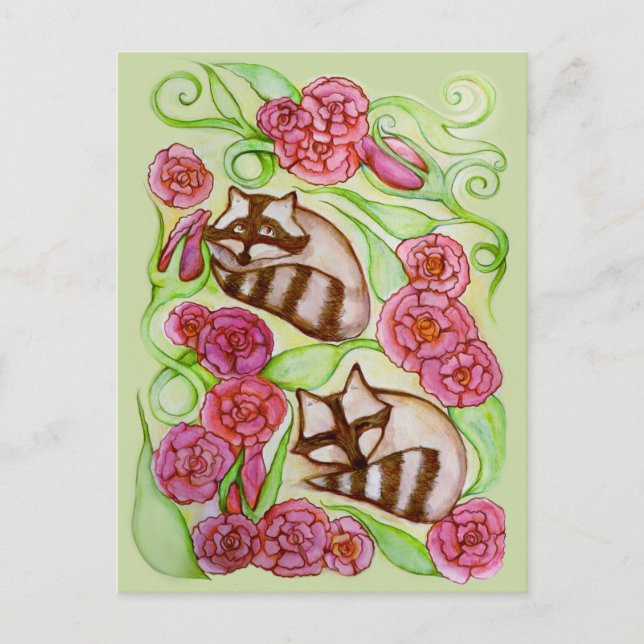 Cartão Postal Primavera Rosa Raccoons (Frente)