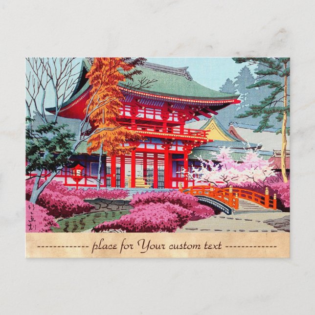 Cartão Postal Primavera templo vermelho japonês Asano Takeji (Frente)