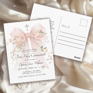 Cartão Postal Primeira Comunhão da Menina Arco Floral Rosa