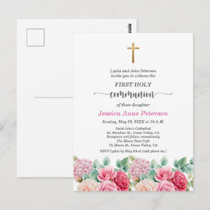 Cartão Postal Primeira Comunhão da Menina Cruz Dourada Rosas Flo