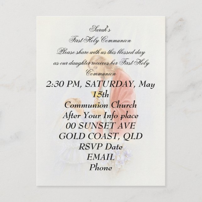 Cartão Postal Primeira comunhão sagrada para a menina (Frente)