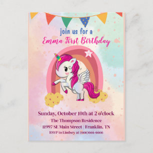Cartão Postal Primeiro aniversario de Aquarela Rosa dos Unicórni