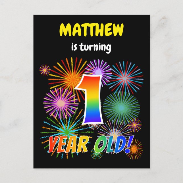 Cartão Postal primeiro aniversario - Fogos de artifício divertid (Frente)