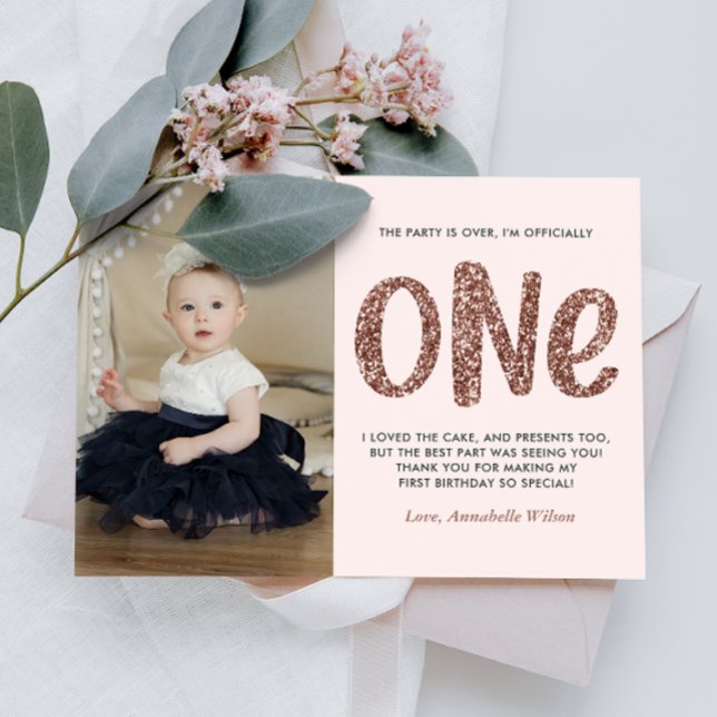 Cartão Postal primeiro aniversario rosa Dourado Faux Glitter Obr (Criador carregado)