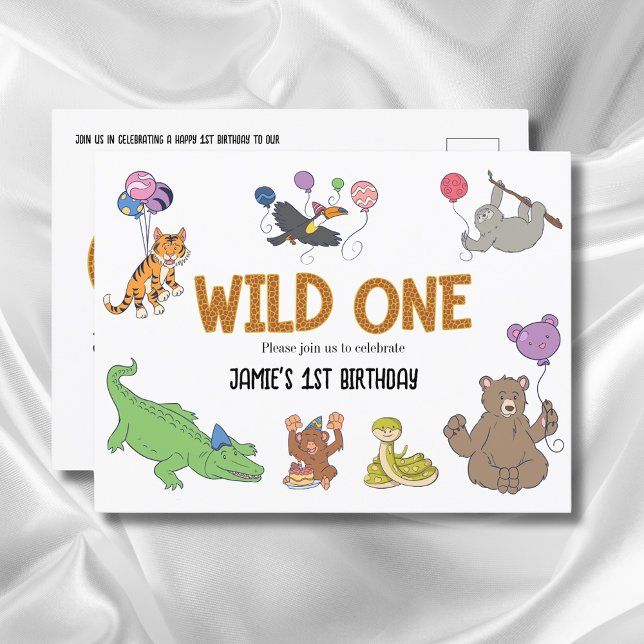 Cartão Postal primeiro aniversario Selvagem - Animais Safari Sel (Wild one 1st birthday invitation postcard.)
