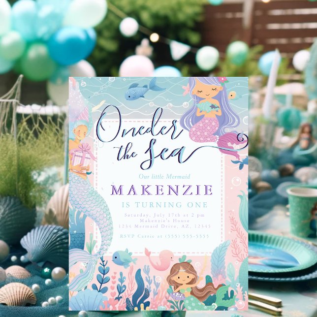 Cartão Postal Primeiro Aniversário Sereia (First Birthday Unser the sea invitations postcard.)