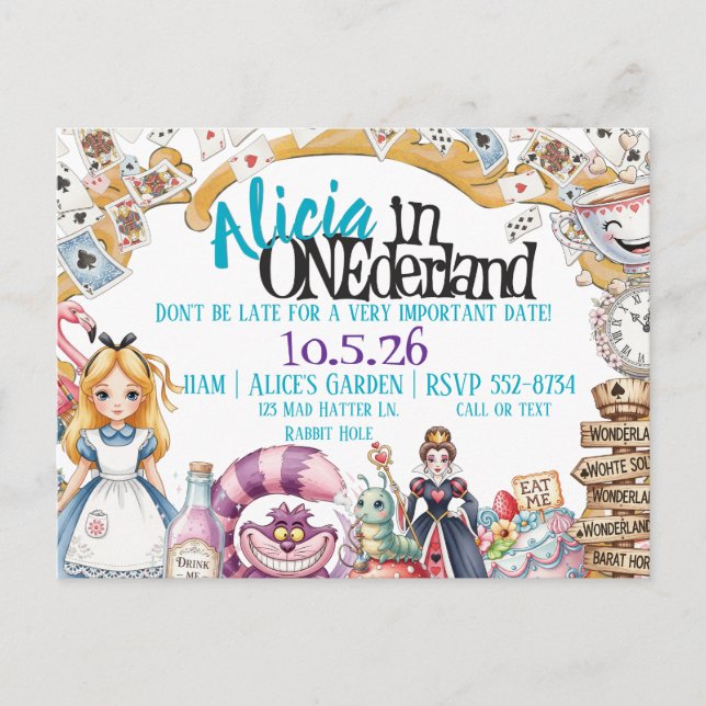 Cartão Postal Primeiro Aniversário Tema de ONEderland Wonderland (Frente)