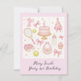 Cartão Postal primeiro aniversario tênis para a raquete cor-de-r