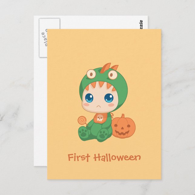 Cartão Postal Primeiro Halloween, Dragão-Bebê-Dragão Dinossauro  (Frente/Verso)