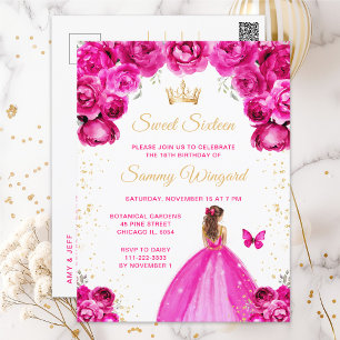 Cartão Postal Princesa de Cabelo Castanho Rosa Quente Sweet Sixt