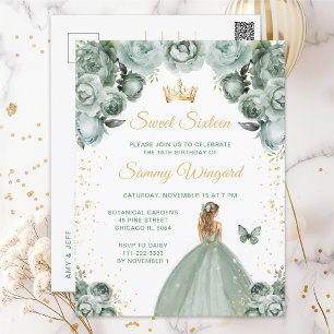 Cartão Postal Princesa de Cabelo Loiro Verde Salvia Sweet Sixtee