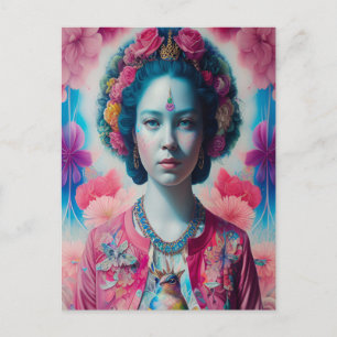 Cartão Postal Princesa de flores azuis com jaqueta rosa