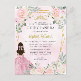 Cartão Postal Princesa Floral Dourada Rosa Blush Tiara Quinceañe