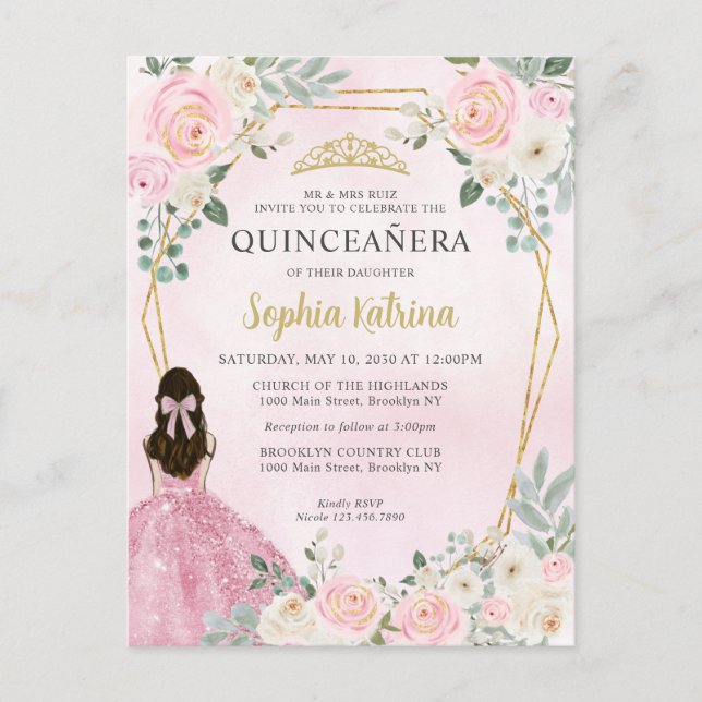 Cartão Postal Princesa Floral Dourada Rosa Blush Tiara Quinceañe (Frente)