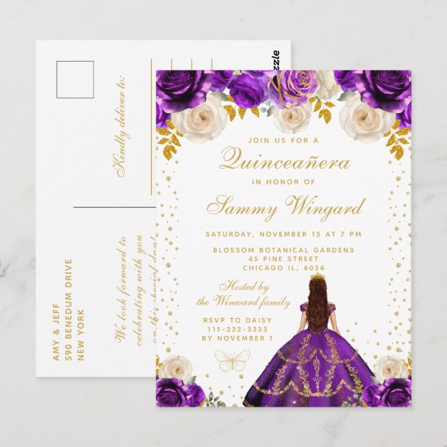 Cartão Postal Princesa Floral Roxa Quinceañera (Frente/Verso)