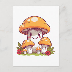 Cartão Postal Procurando cogumelos, estilo kawaii feliz