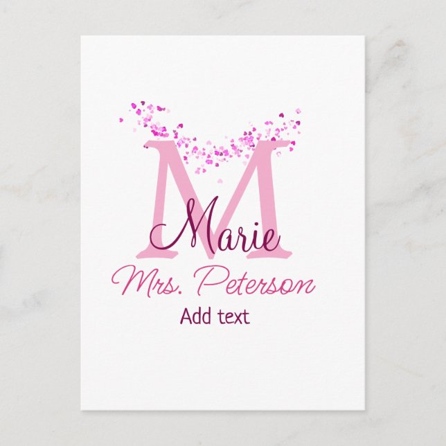Cartão Postal Professor de monograma de brilho cardíaco rosa Sra (Frente)