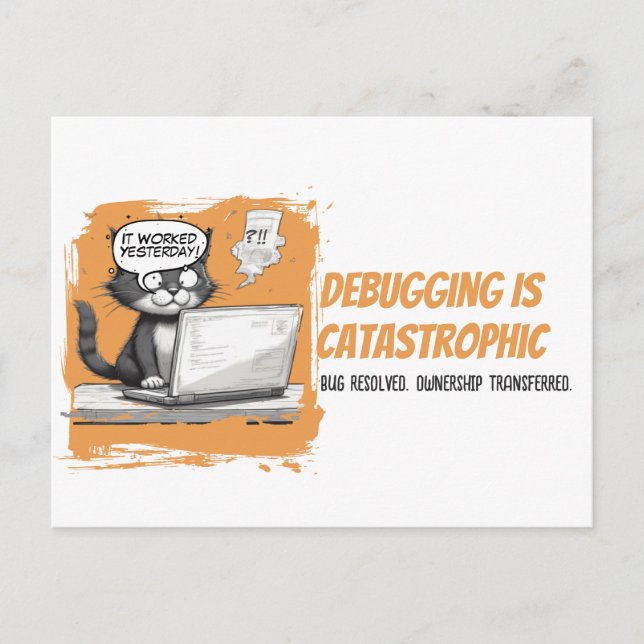 Cartão Postal Programmer Cat Humour Debugging is Catastrophic (Frente)