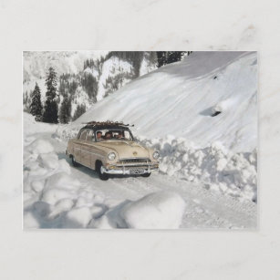 Cartão Postal Propaganda do carro vintage, cena do inverno