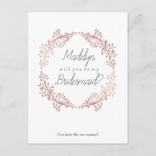 Cartão Postal Proposta de Bridesmaid da Floral rosa Dourada