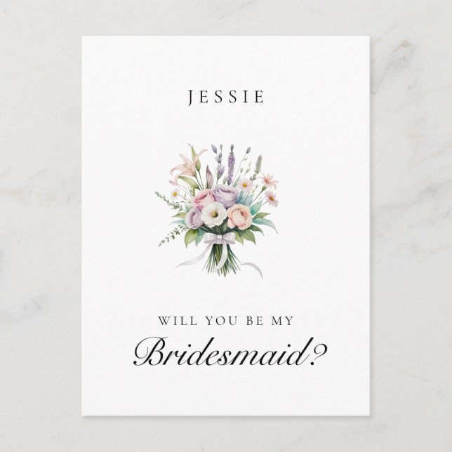 Cartão Postal Proposta de Bridesmaid de Buquê Floral rosa e Lila (Frente)