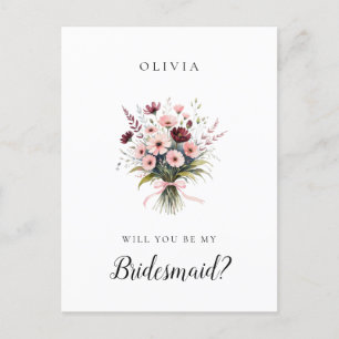 Cartão Postal Proposta de Bridesmaid de Flores Selvagens Rosa e
