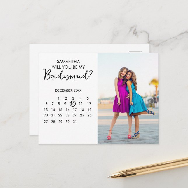 Cartão Postal Proposta de Bridesmaid de Foto Chic de Calendário  (Frente/Verso In Situ)