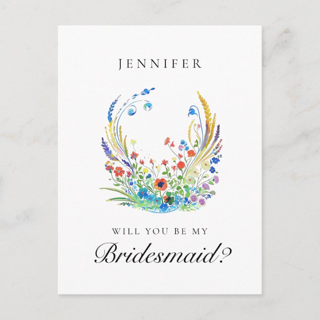 Cartão Postal Proposta de Bridesmaid Floral Azul Vibrante (Frente)