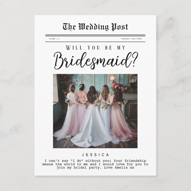 Cartão Postal Proposta de Bridesmaid, Jornal Personalizado (Frente)