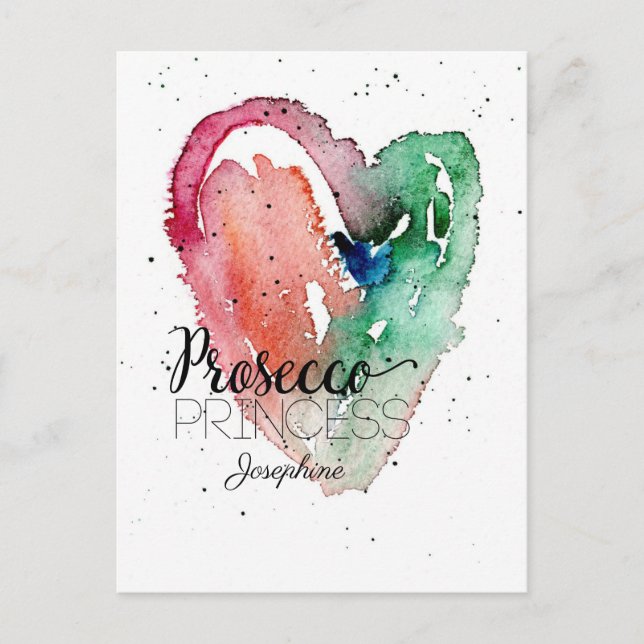 Cartão Postal "Prosecco Princess" Monograma Aquarela Coração (Frente)