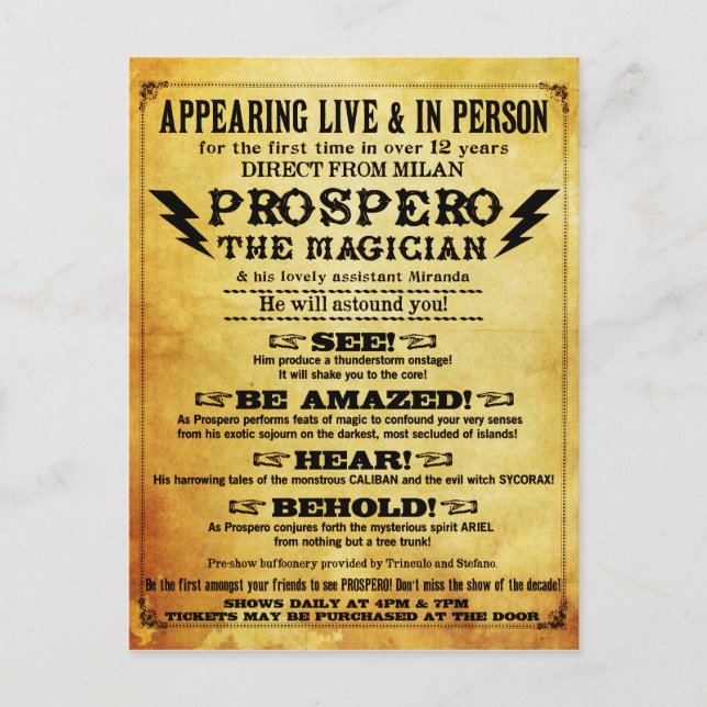 Cartão Postal PROSPERO! Cartão-postal de mágico Shakespeariano (Frente)