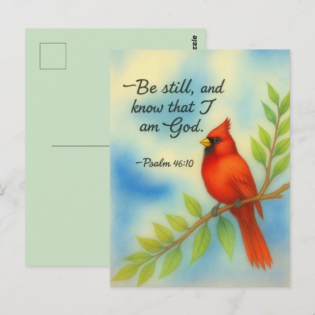 Cartão Postal Psalm 46:10 Be Still Red Cardinal Scripture Nature (Frente/Verso)
