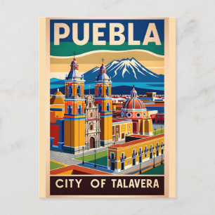 Cartão Postal Puebla Antiga Cidade do México Talavera Retro