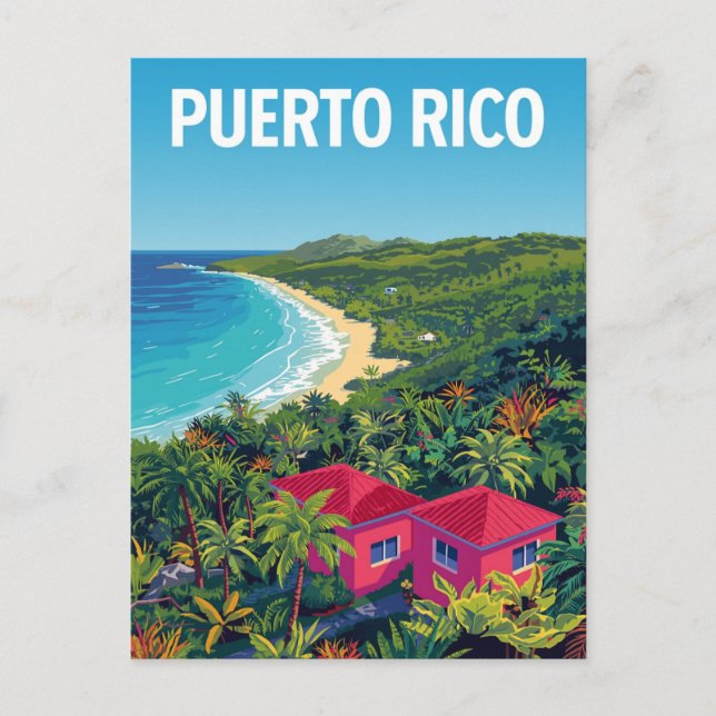 Cartão Postal Puerto Rico Tropical Beach Retro (Frente)