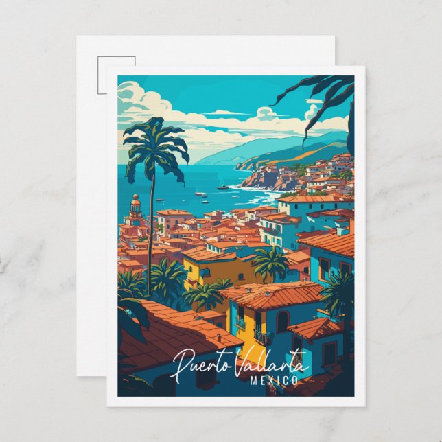 Cartão Postal Puerto Vallarta, México, ilustração da viagens vin (Frente/Verso)