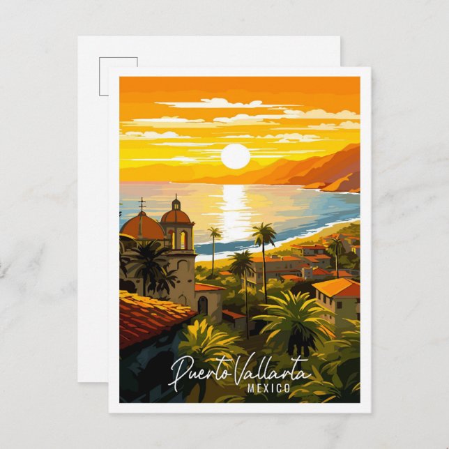 Cartão Postal Puerto Vallarta, México, ilustração da viagens vin (Frente/Verso)
