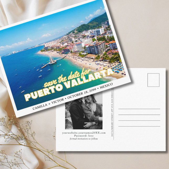 Cartão Postal Puerto Vallarta Mexico Weding Date (Puerto Vallarta Wedding Mexico Save the Date Postcard)