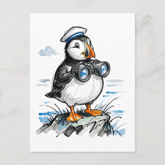 Cartão Postal Puffin Scouting Horizont mit Fernglas Tinte Illust (Frente)