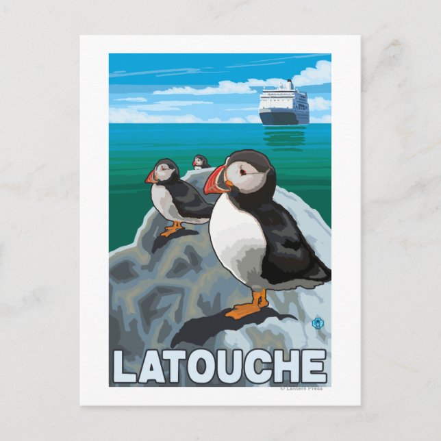 Cartão Postal Puffins & Cruise Ship - Latouche, Alasca (Frente)