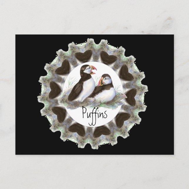 Cartão Postal Puffins de Aquarela com Corações para Ventiladores (Frente)