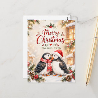 Cartão Postal Puffins de Natal Personalizados Cabana Família Fér