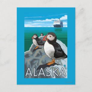 Cartão Postal Puffins observando navio cruzeiro