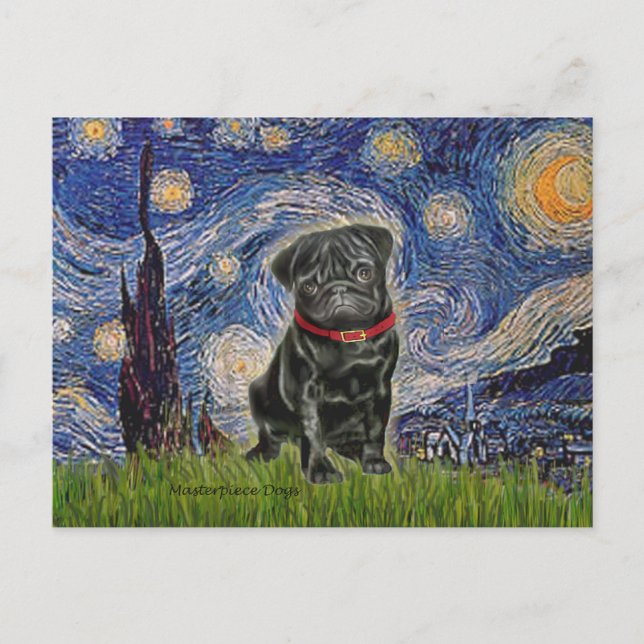 Cartão Postal Pug 13 (preto) - Noite Estrelada (Frente)