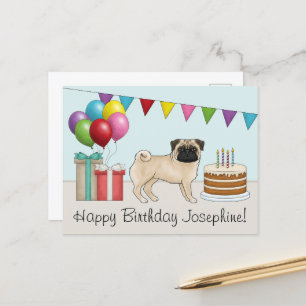 Cartão Postal Pug Bebê Fofa do Cartoon Colorido Feliz Aniversári