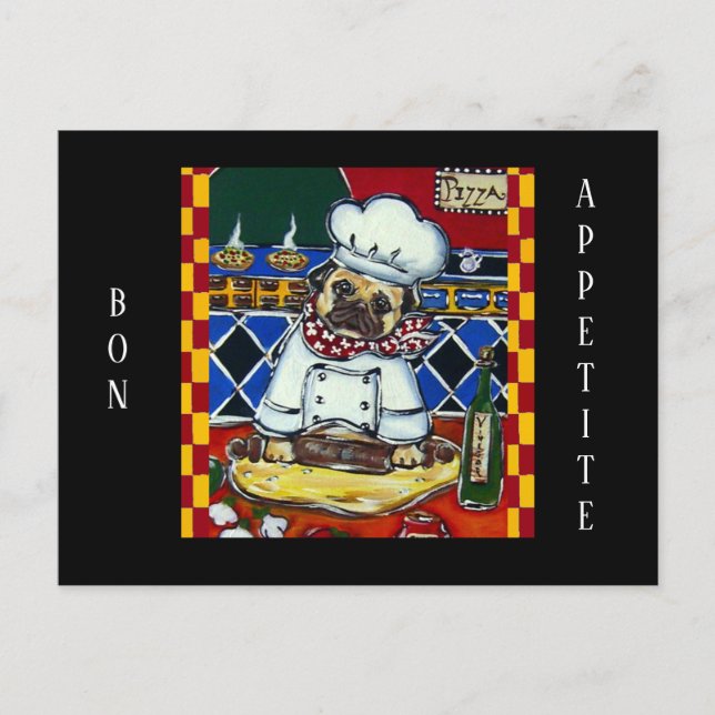 Cartão Postal Pug Chef de Pizza (Frente)