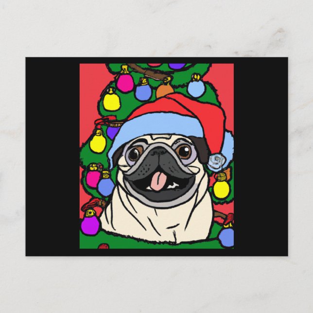 Cartão Postal Pug Christmas Pug Com Chapéu De Natal E (Frente)